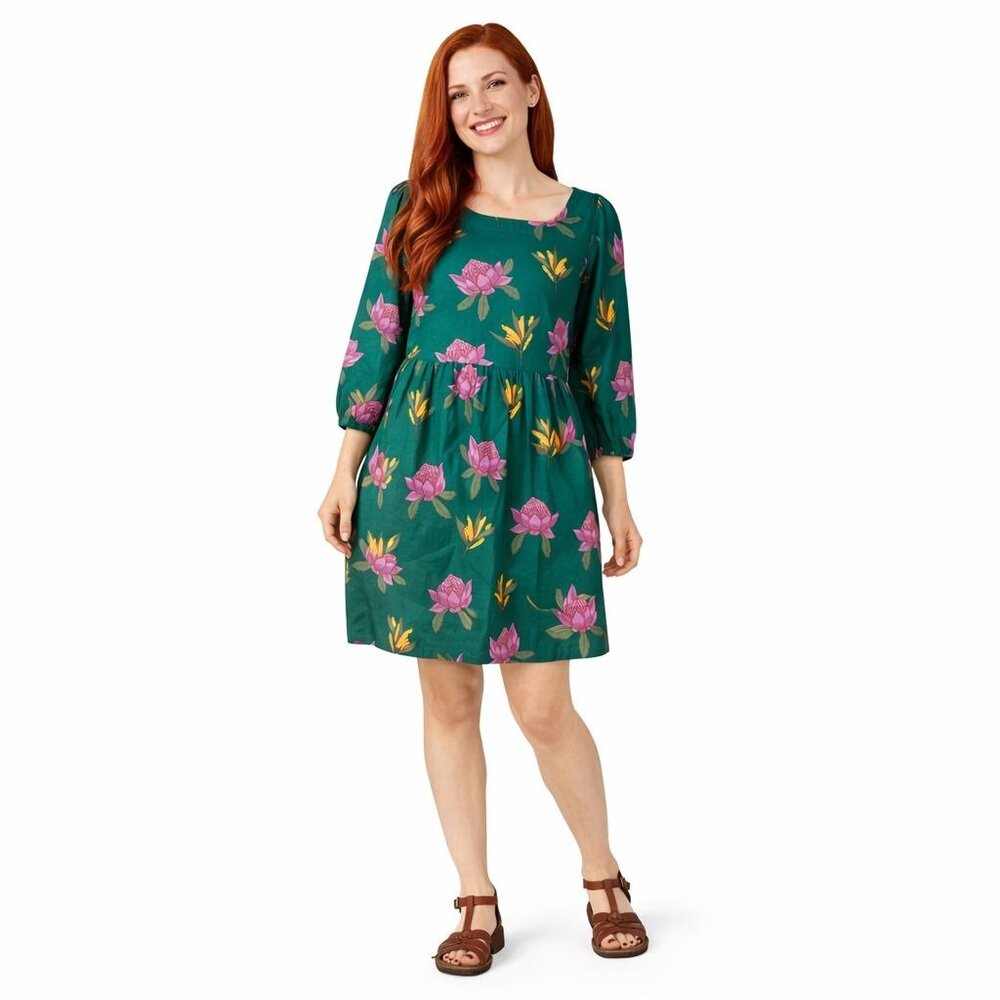 New Princess Highway Size 6 Green Floral Dress With 3/4 Sleeves & Elastic Waist